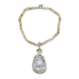 One of a Kind Vintage Hand Carved Jade Faceted Citrine and Gold Hair Rutilated Quartz Necklace in Sterling Silver with 18K Gold Adam