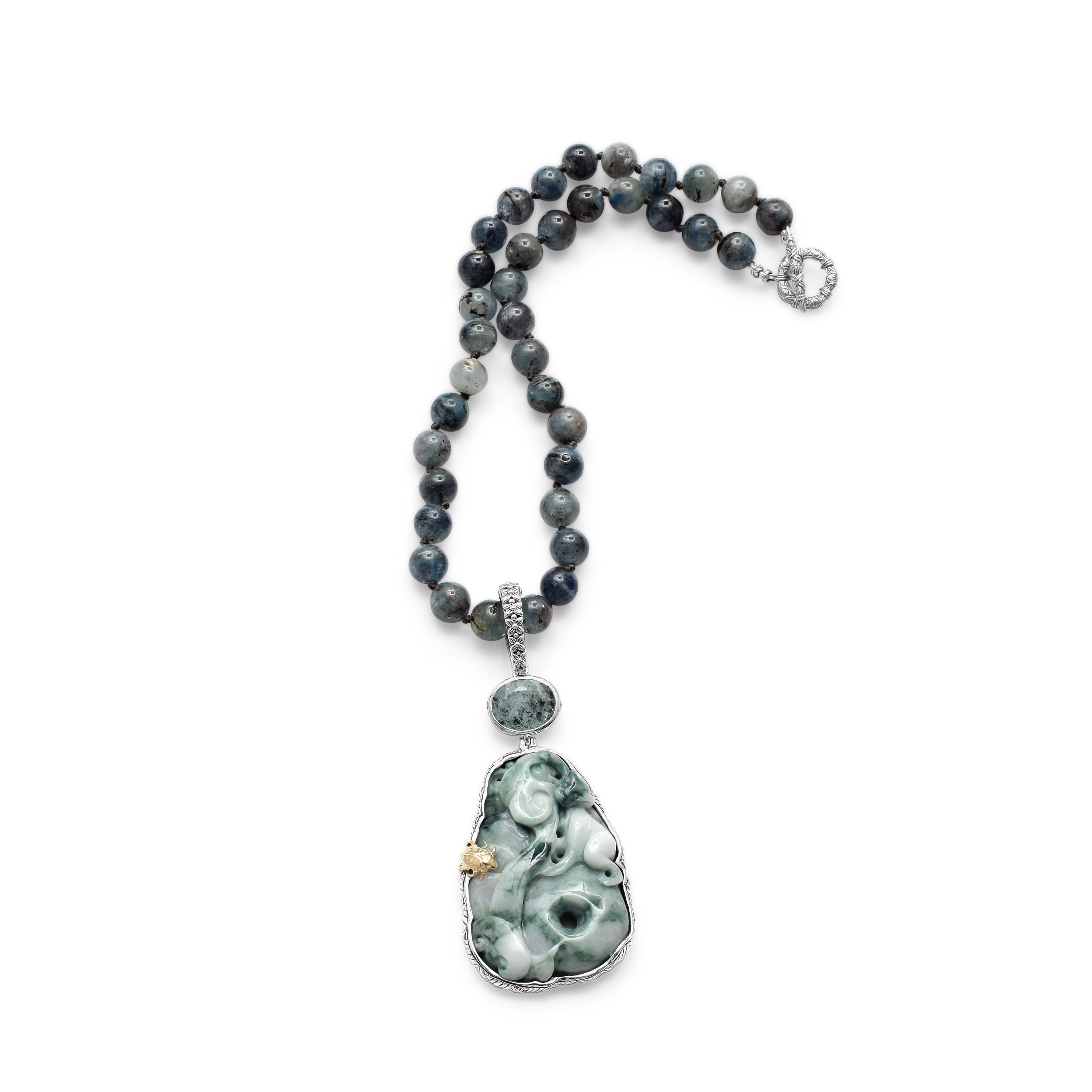 One of a Kind Vintage Hand Carved Jade Rutilated Aquamarine and