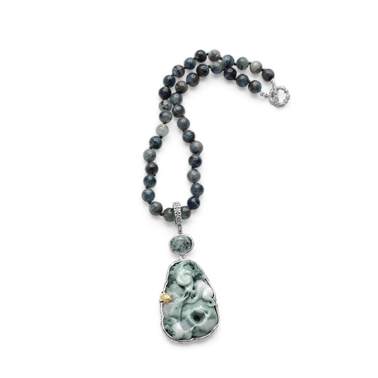 One of a Kind Vintage Hand Carved Jade Rutilated Aquamarine and Aquamarine Bead Necklace in Sterling Silver with 18K Gold Adam