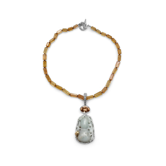 One of a Kind Vintage Hand Carved Jade Faceted Citrine and Imperial Topaz Necklace in Sterling Silver with 18K Gold Adam