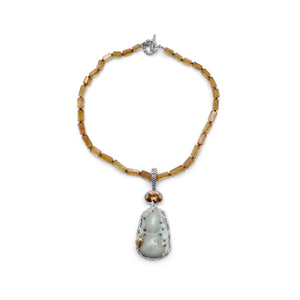 One of a Kind Vintage Hand Carved Jade Faceted Citrine and Imperial Topaz Necklace in Sterling Silver with 18K Gold Adam