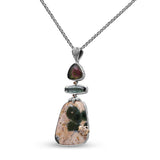 One of a Kind Watermelon and Blue Green Tourmaline Ocean Orbicular Agate and Champagne Diamond in 18K Gold Bezel Pendant in Sterling Silver with 18K Diamond Pave Adam