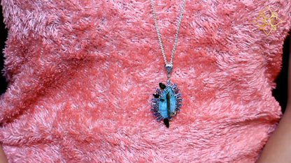 One of a Kind Turquoise Green Tourmaline Blue Topaz 18K Gold Bezel and Diamond 0.15ct Pendant in Sterling Silver with 18K Gold Diamond Pave Adam