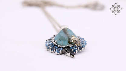 One of a Kind Turquoise Green Tourmaline Blue Topaz 18K Gold Bezel and Diamond 0.15ct Pendant in Sterling Silver with 18K Gold Diamond Pave Adam