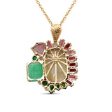 Luxury Opal Colombian Emerald Pink Tourmaline Rhodolite Garnet Chrome Diopside and Diamond Pendant in 18K Gold with 18K Diamond Pave Adam