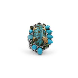 One of a Kind Turquoise and Green Tourmaline Ring in Sterling Silver With 18K Gold Flowers and 18K Adam