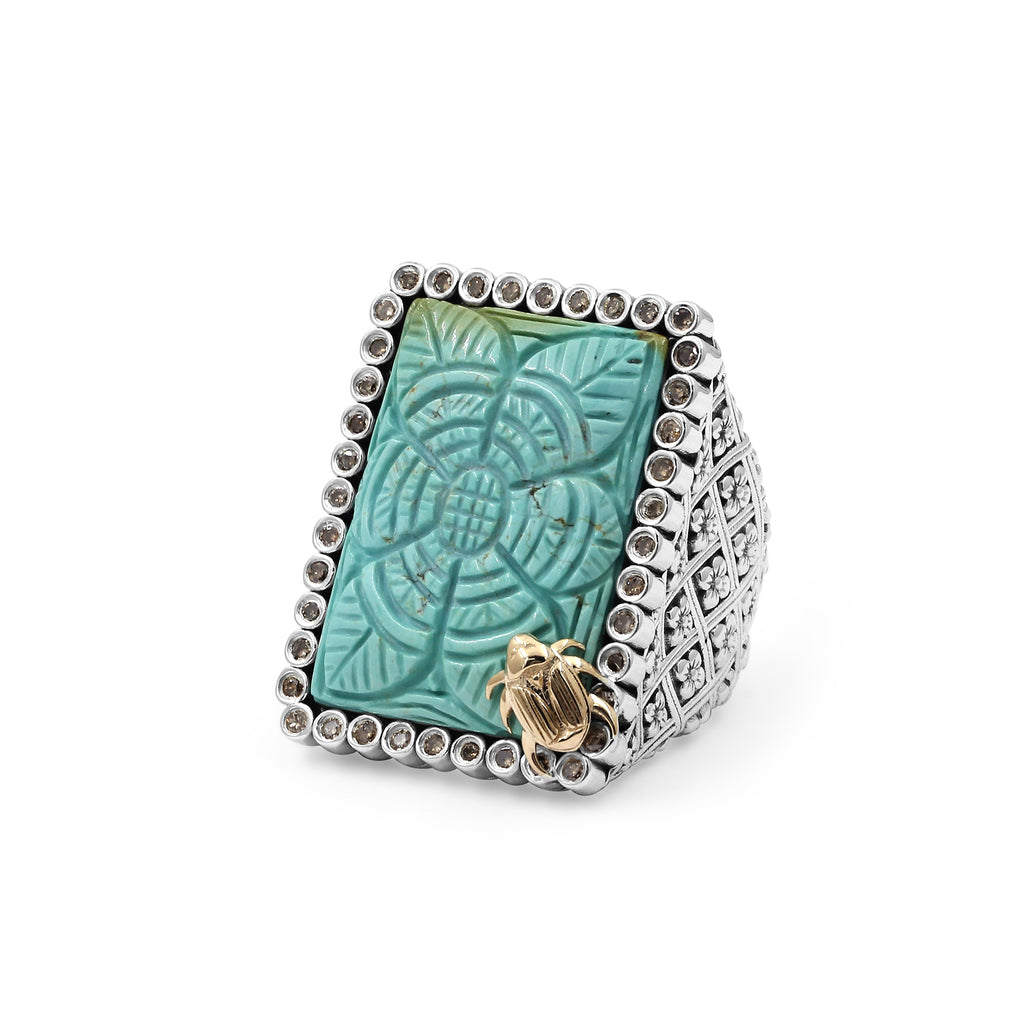 One of a Kind Hand Carved Turquoise and Champagne Diamond 0.45ct Ring in Sterling Silver with 18K Gold Adam