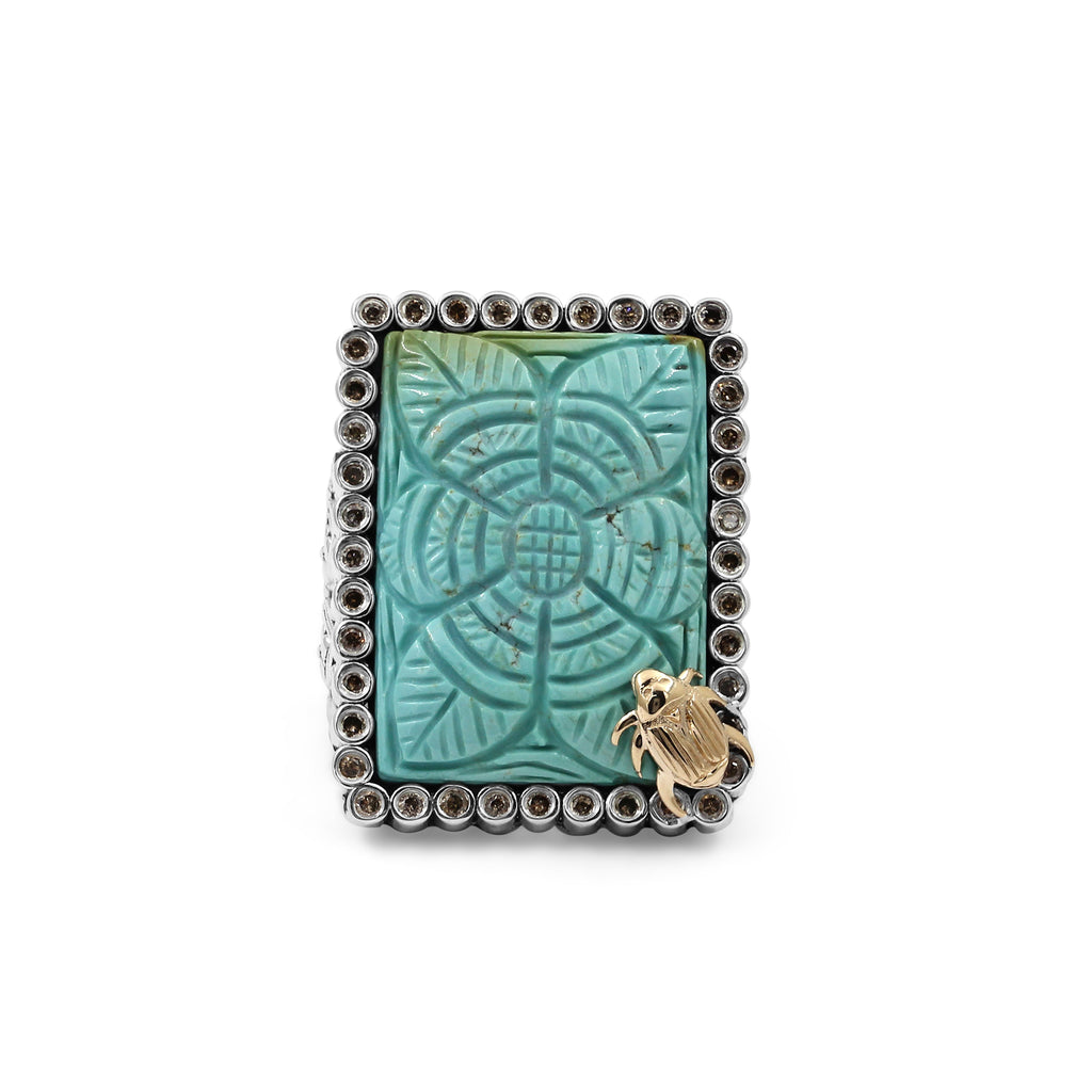 One of a Kind Hand Carved Turquoise and Champagne Diamond 0.45ct Ring in Sterling Silver with 18K Gold Adam