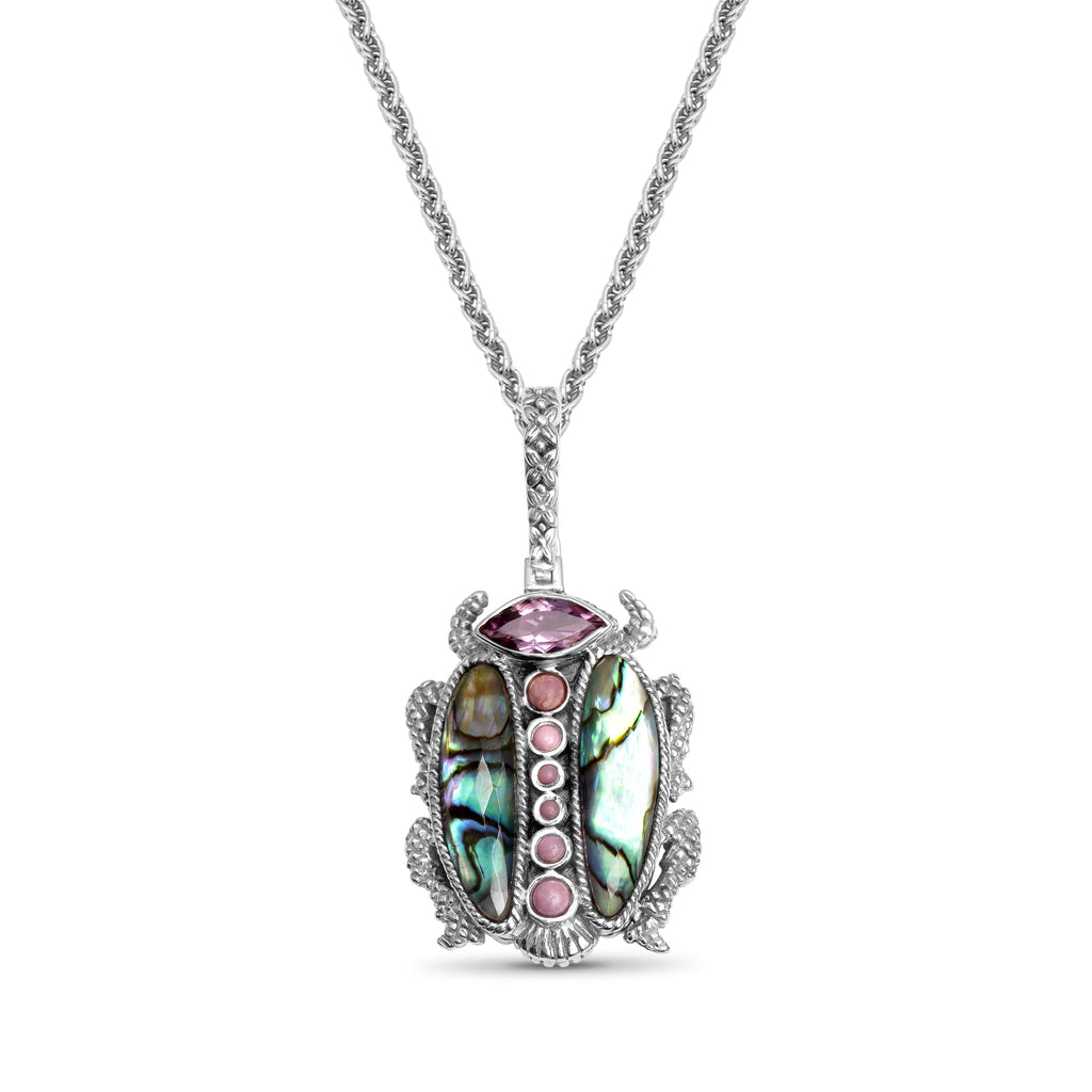 Garden of Stephen Amethyst Phosphosiderite Natural Quartz and Abalone Scarab Pendant in Sterling Silver