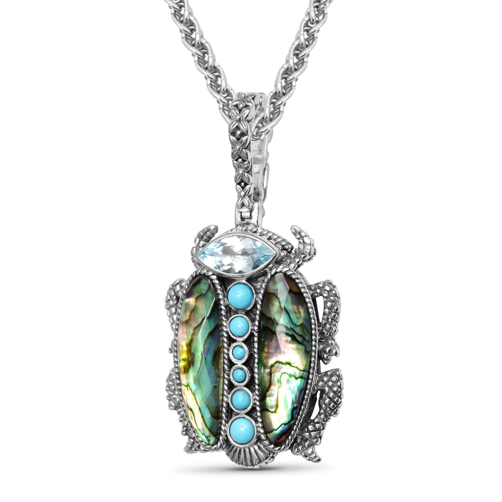 Garden of Stephen Blue Topaz Turquoise Natural Quartz and Abalone Scarab Pendant in Sterling Silver