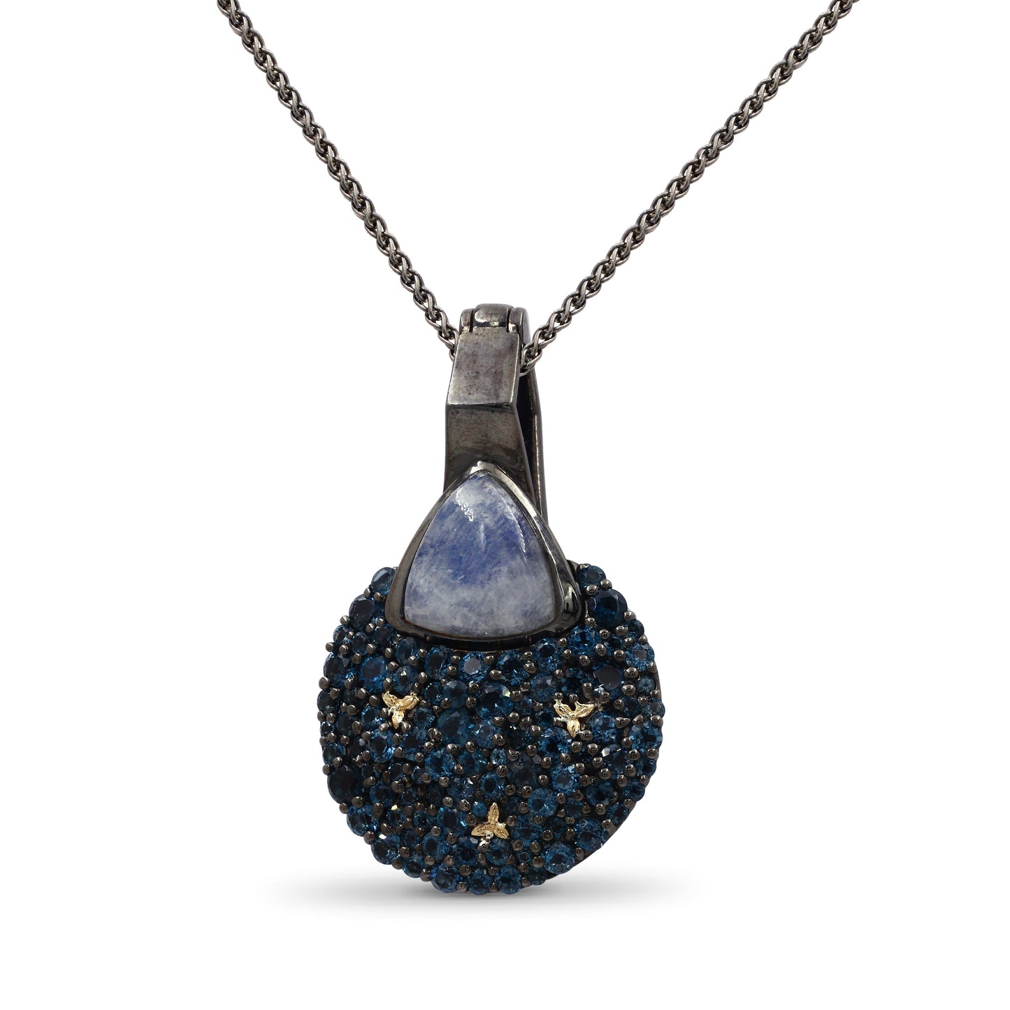 Garden of Stephen Rainbow Moonstone and London Blue Topaz Pendant in Sterling Silver with 18K Gold Flowers