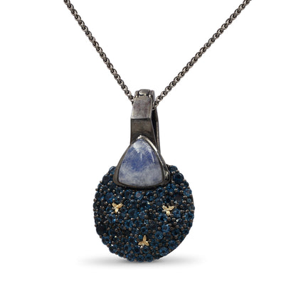 Garden of Stephen Rainbow Moonstone and London Blue Topaz Pendant in Sterling Silver with 18K Gold Flowers