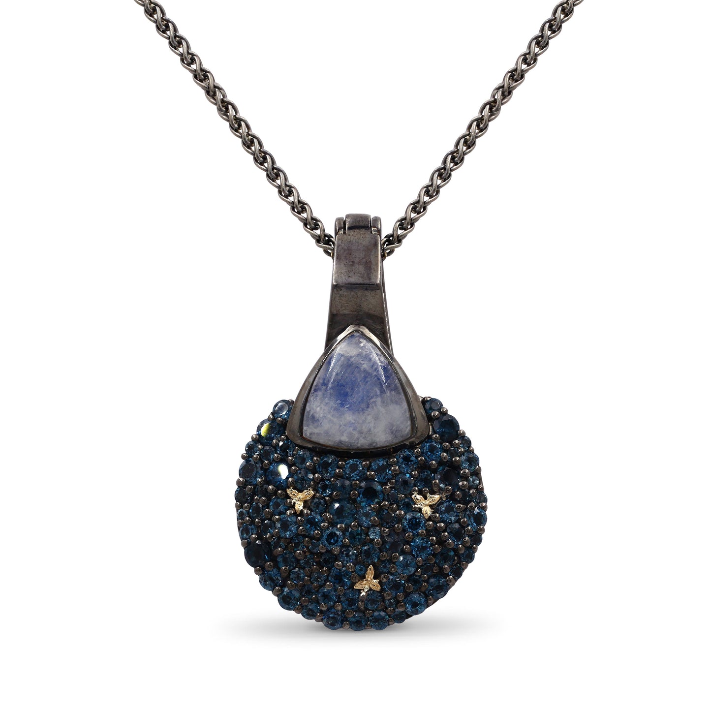 Garden of Stephen Rainbow Moonstone and London Blue Topaz Pendant in Sterling Silver with 18K Gold Flowers