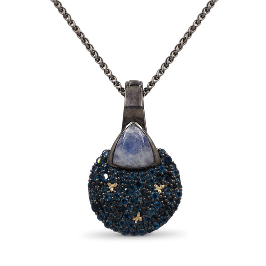 Garden of Stephen Rainbow Moonstone and London Blue Topaz Pendant in Sterling Silver with 18K Gold Flowers