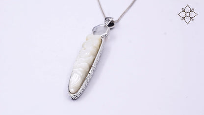 Carventurous 53.70ct Hand Carved Mother of Pearl and Faceted Natural Quartz Pendant in Sterling Silver