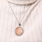 Carventurous Hand Carved Natural Quartz Gold Lining and Morganite Pendant in Sterling Silver with 18K Gold Flowers