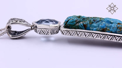 Carventurous Hand Carved Turquoise and Faceted Galactical Blue Topaz Pendant in Sterling Silver