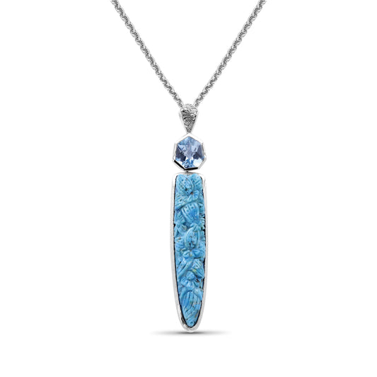 Carventurous Hand Carved Turquoise and Faceted Galactical Blue Topaz Pendant in Sterling Silver