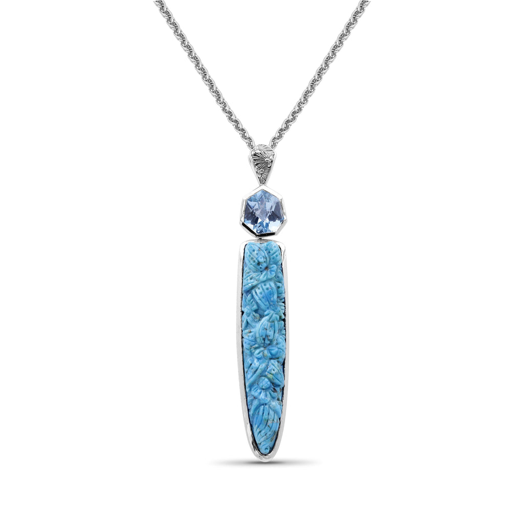 Carventurous Hand Carved Turquoise and Faceted Galactical Blue Topaz Pendant in Sterling Silver