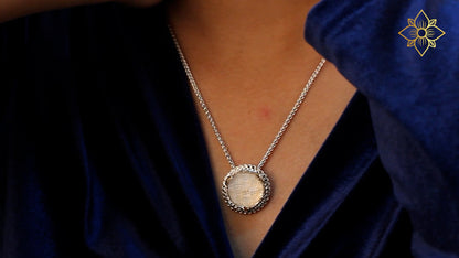 Carventurous Internally Carved Natural Quartz Gold Lining Pendant in Sterling Silver with Champagne Diamonds and 18K Gold Flowers