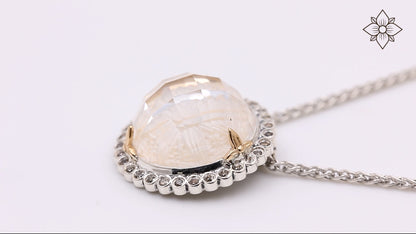 Carventurous Internally Carved Natural Quartz Gold Lining Pendant in Sterling Silver with Champagne Diamonds and 18K Gold Flowers