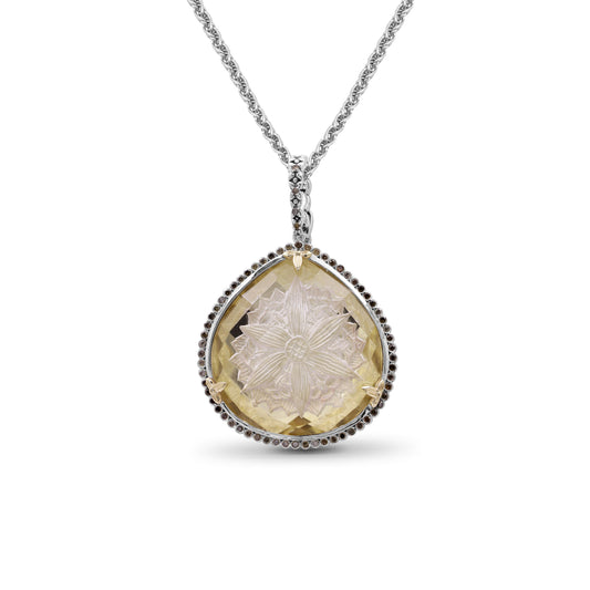 Carventurous Internally Carved Natural Quartz Gold Lining with Champagne Diamonds Necklace in Sterling Silver with 18K Gold Flowers