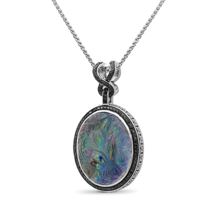 Carventurous Hand Carved Natural Quartz Abalone and Black Diamond 1.12ct Pendant in Sterling Silver