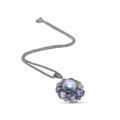 Rockrageous Amethyst Rhodolite Garnet Pink Tourmaline Lavender Moon Quartz and Mabe Pearl Pendant in Sterling Silver