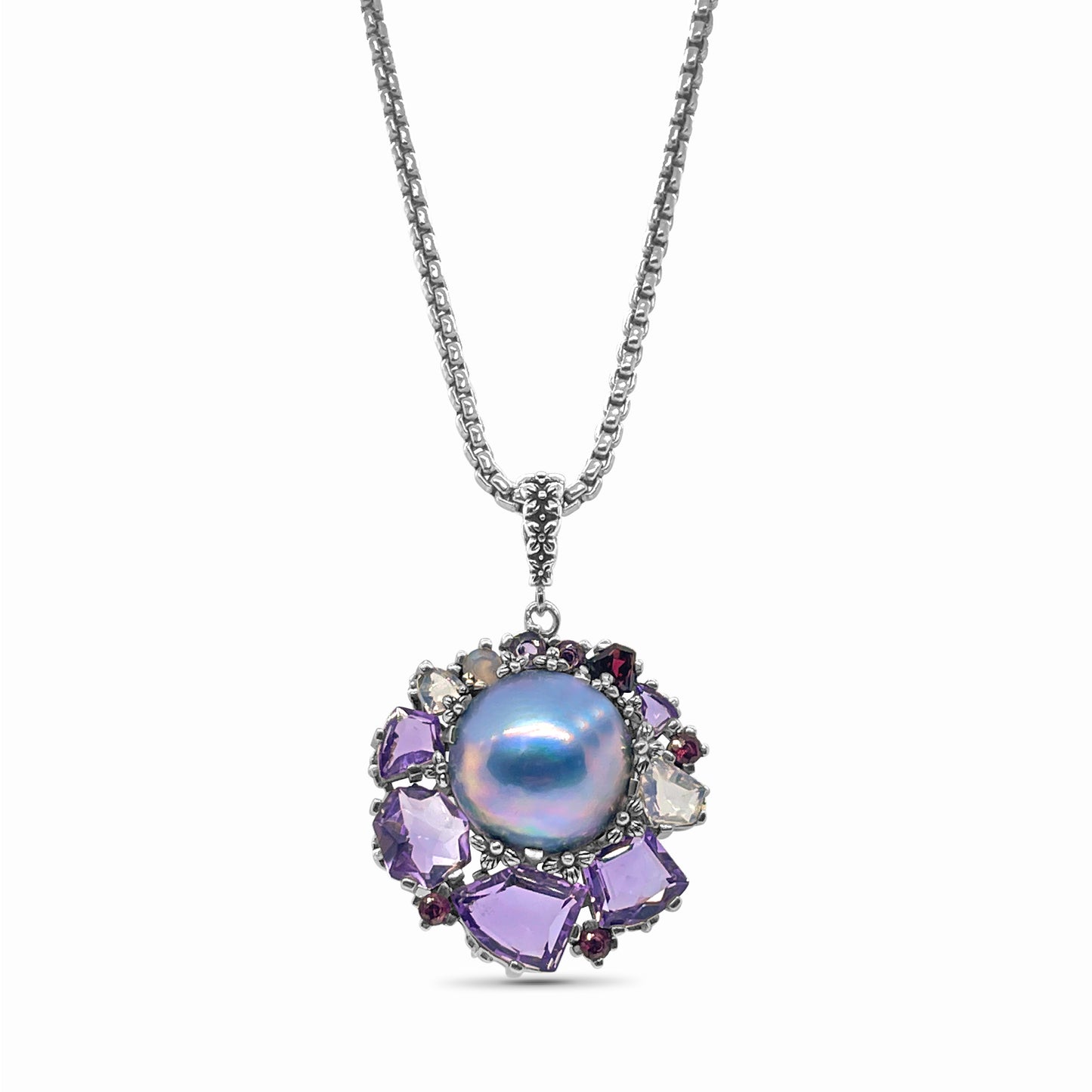 Rockrageous Amethyst Rhodolite Garnet Pink Tourmaline Lavender Moon Quartz and Mabe Pearl Pendant in Sterling Silver