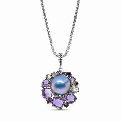 Rockrageous Amethyst Rhodolite Garnet Pink Tourmaline Lavender Moon Quartz and Mabe Pearl Pendant in Sterling Silver