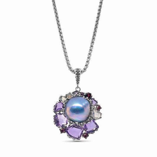 Rockrageous Amethyst Rhodolite Garnet Pink Tourmaline Lavender Moon Quartz and Mabe Pearl Pendant in Sterling Silver