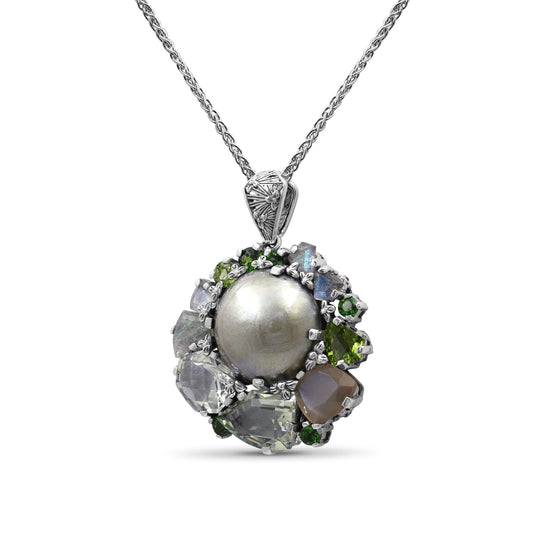 Rockrageous Mabe Pearl Green Tourmaline Green Labradorite Chrome Diopside Peridot Moonstone and Green Prasiolite Pendant in Sterling Silver