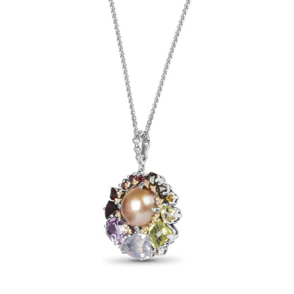 Rockrageous Multi-Hued Citrine Rhodolite Garnet Tourmaline Amethyst Sapphire Lavender Moon and Smoky Quartz and Mabe Pearl Pendant in Sterling Silver with 18K Gold and Diamond Flowers