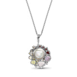 Rockrageous Multi-Hued Citrine Rhodolite Garnet Tourmaline Amethyst Sapphire Lavender Moon and Smoky Quartz and Mabe Pearl Pendant in Sterling Silver with 18K Gold and Diamond Flowers