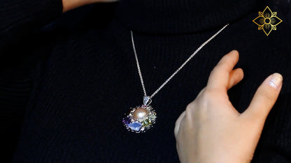 Rockrageous Multi-Hued Citrine Rhodolite Garnet Tourmaline Amethyst Sapphire Lavender Moon and Smoky Quartz and Mabe Pearl Pendant in Sterling Silver with 18K Gold and Diamond Flowers