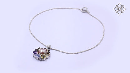 Rockrageous Multi-Hued Citrine Rhodolite Garnet Tourmaline Amethyst Sapphire Lavender Moon and Smoky Quartz and Mabe Pearl Pendant in Sterling Silver with 18K Gold and Diamond Flowers
