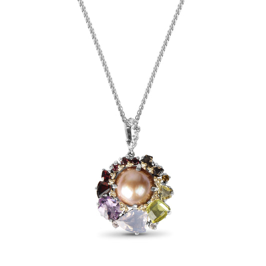 Rockrageous Multi-Hued Citrine Rhodolite Garnet Tourmaline Amethyst Sapphire Lavender Moon and Smoky Quartz and Mabe Pearl Pendant in Sterling Silver with 18K Gold and Diamond Flowers