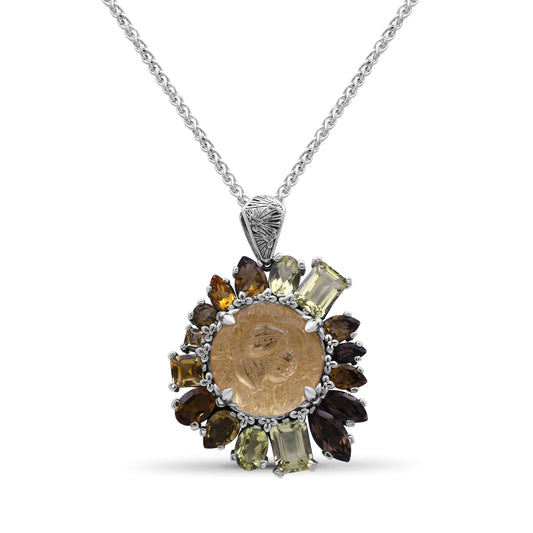 Rockrageous Hand Carved Natural Quartz Gold Lining Citrine Smoky Cognac and Champagne Quartz Pendant in Sterling Silver