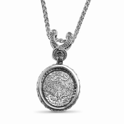 Hand Carved Tahitian Mother of Pearl Pendant in Sterling Silver with Champagne Diamonds