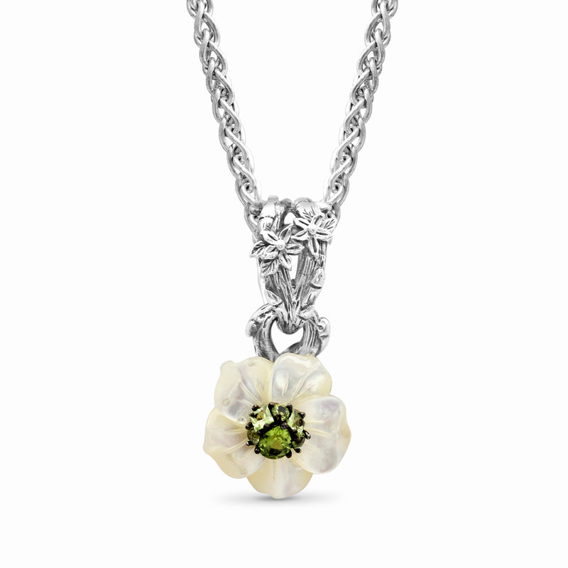 Colorbloom Hand Carved Mother of Pearl Medium and Peridot Flower Pendant in Sterling Silver