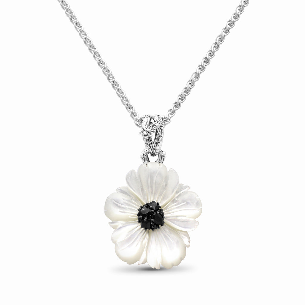 Colorbloom Hand Carved Mother of Pearl Large and Black Spinel Flower Pendant in Sterling Silver