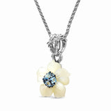 Colorbloom Hand Carved Mother of Pearl Flower Medium with Swiss Blue Topaz Pendant in Sterling Silver