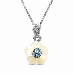 Colorbloom Hand Carved Mother of Pearl Flower Medium with Swiss Blue Topaz Pendant in Sterling Silver