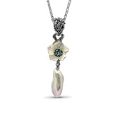 Colorbloom Hand Carved Mother of Pearl Flower Small Swiss Blue Topaz and Baroque Pearl Necklace in Sterling Silver