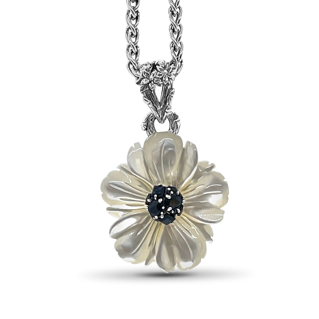 Colorbloom Hand Carved Mother of Pearl Medium and Black Spinel Flower Pendant in Sterling Silver