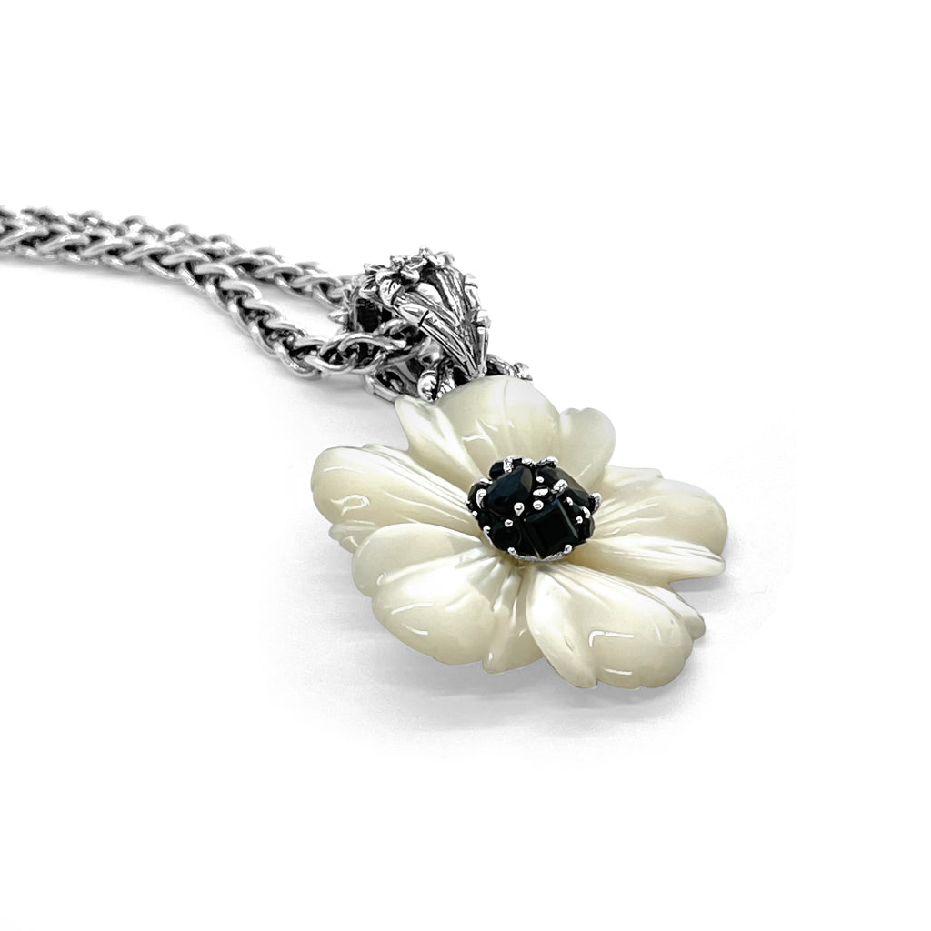 Colorbloom Hand Carved Mother of Pearl Medium and Black Spinel Flower Pendant in Sterling Silver