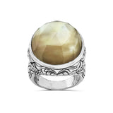 Garden of Stephen Faceted Smoky Quartz and White Mother of Pearl Dome Ring in Engraved Sterling Silver