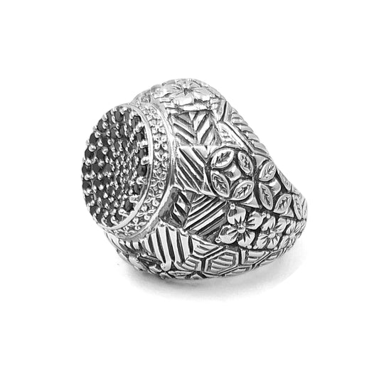 Kyoto Black Diamond 0.85ct Engraved Ring in Sterling Silver