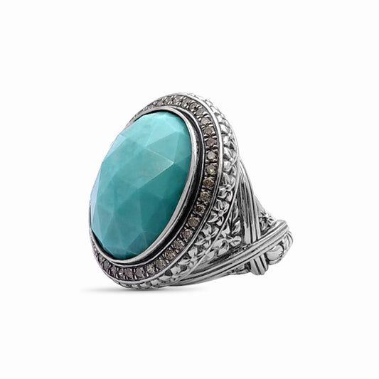 Garden of Stephen Faceted American Turquoise Ring and Champagne Diamond 0.55ct Ring in Sterling Silver