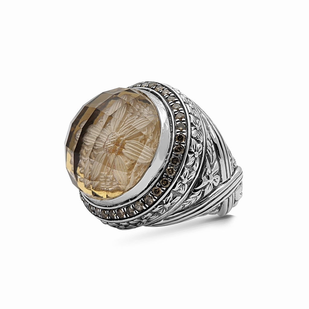Garden of Stephen Internally Carved Smoky Quartz and Champagne Diamond 0.55ct Ring in Sterling Silver